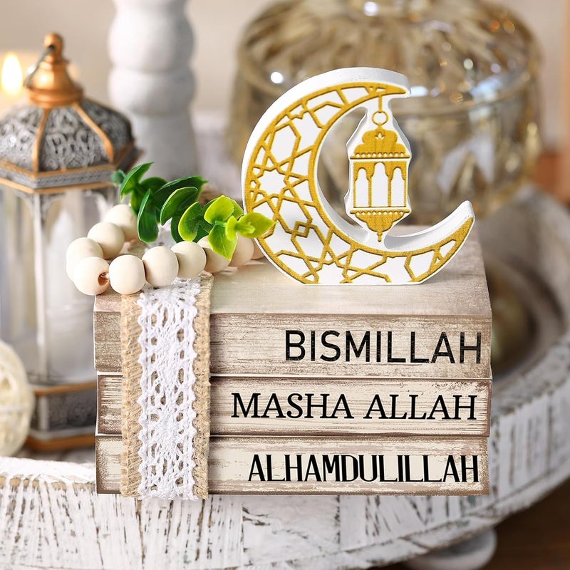 Anglechic Ramadan Decorations for Home Eid Mubarak Decorations Wood Ramadan Table Sign Golden Moon Eid Tiered Tray Sign for Islamic Muslim Table Indoor Shelf Office Gifts - Image 3